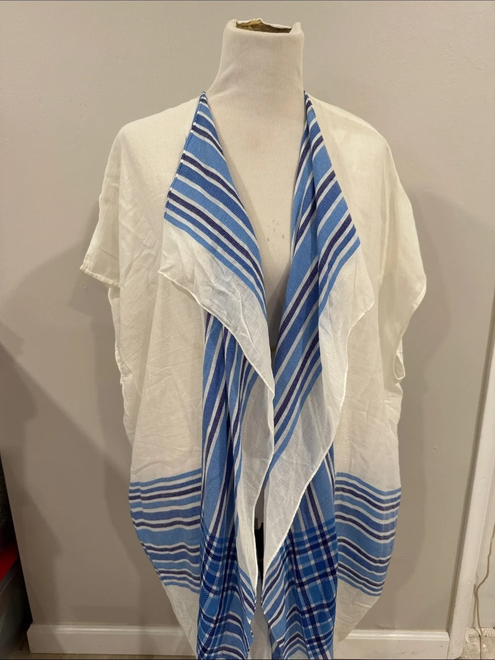 J. Crew White and Blue Stripe kimono beach cover up with tassel bottoms coastal